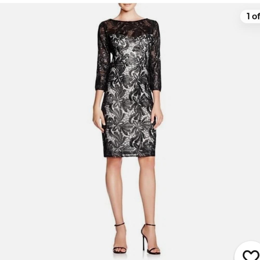Size 2 black/white colored soutache lace midi or knee-length cocktail Sue Wong